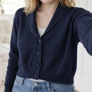 Vintage Segue Ramie Cotton Shawl Collar Woman’s Cardigan S Navy Knit Button